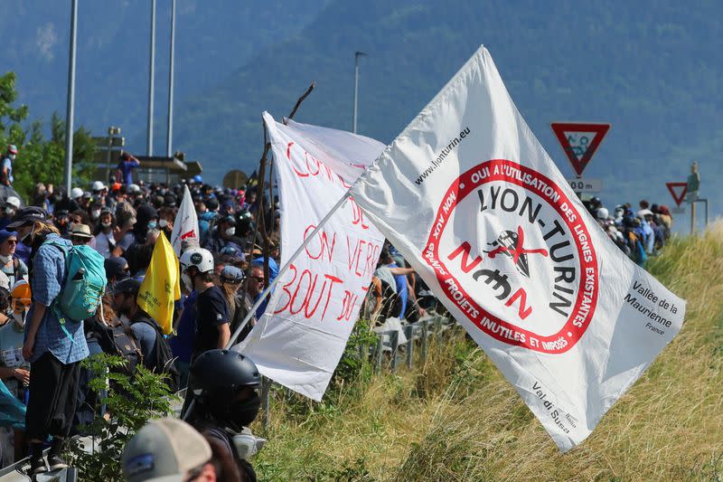 Activists take part in a protest against the Lyon-Turin rail link between France and Italy, in Les Chavannes-en-Maurienne