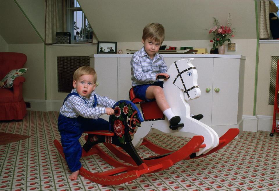 LONDON, UNITED KINGDOM - OCTOBER 22:  Prince William And Prince Harry Playing On A Rocking Horse In Their Playroom At Kensington Palace  (Photo by Tim Graham/Getty Images)