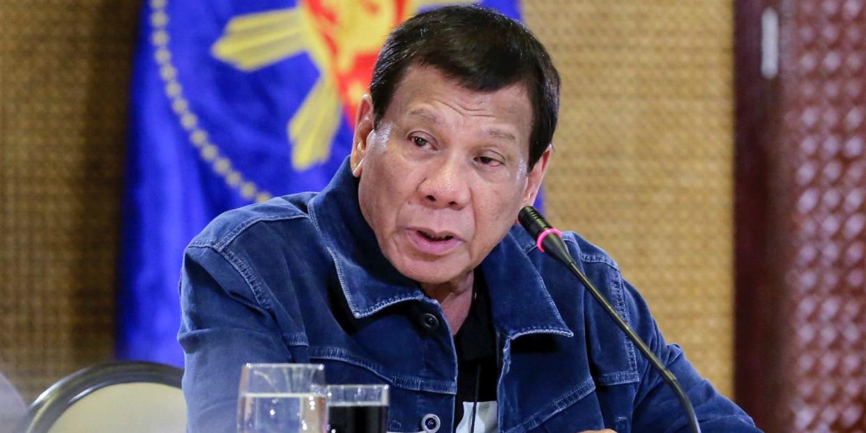 Philippine President Rodrigo Duterte speaks at the Malacanang Presidential Palace in Manila, Philippines on Thursday March 12, 2020.