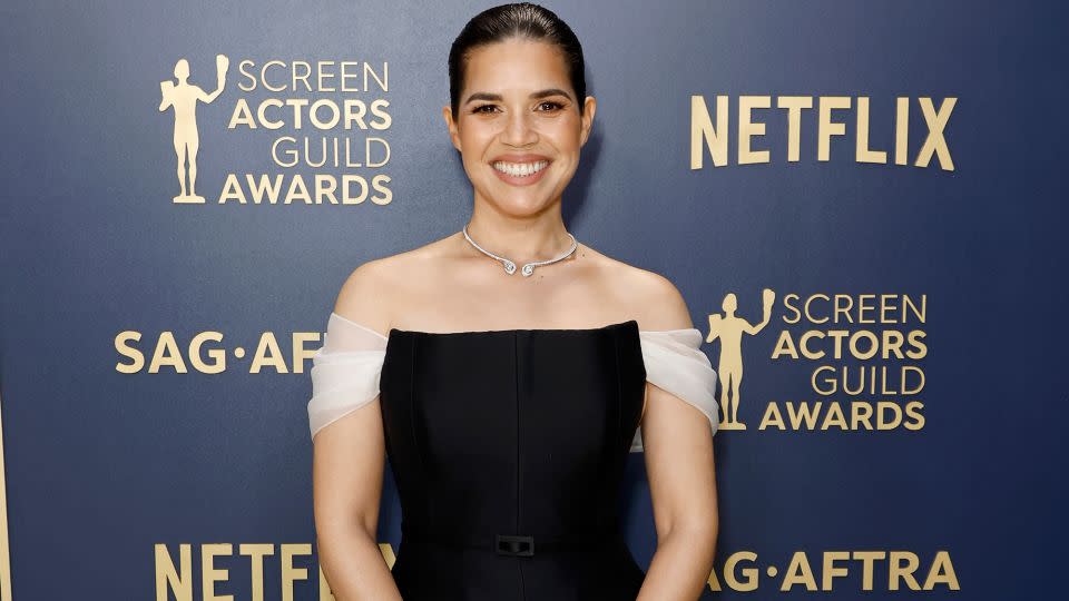 America Ferrera in a black sleeveless Dior gown. - Frazer Harrison/Getty Images