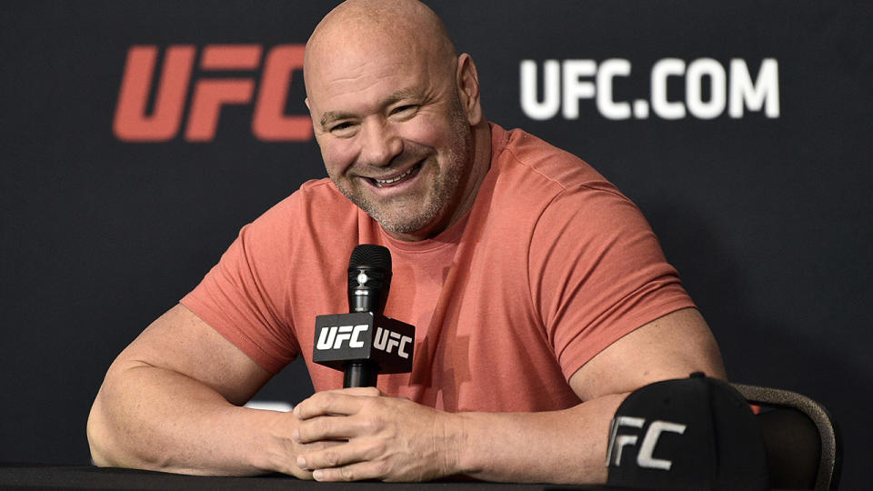 Dana White, pictured here talking to the media after UFC 251.