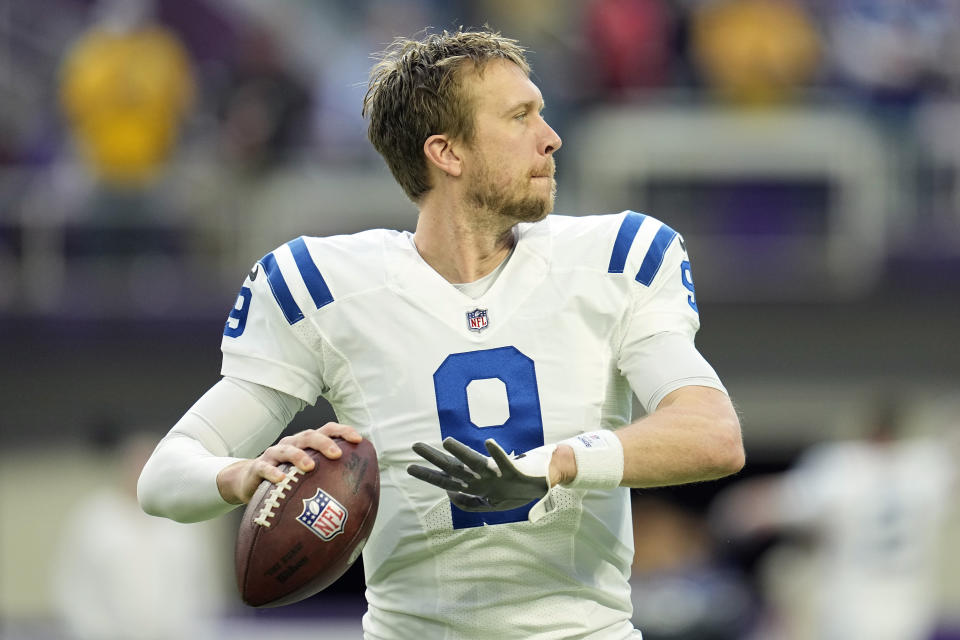 FILE - Indianapolis Colts quarterback Nick Foles (9) warms up before an NFL football game against the Minnesota Vikings, Saturday, Dec. 17, 2022, in Minneapolis. Foles will replace 37-year-old Matt Ryan as the Indianapolis Colts starting quarterback, interim coach Jeff Saturday announced Wednesday, Dec. 21, 2022. The Colts will host the Chargers on Monday night. (AP Photo/Abbie Parr, File)