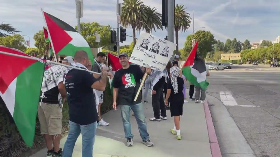 A large group of pro-Palestinian demonstrators marched in West Los Angeles on Nov. 4, 2023 calling for the end to Israel’s bombardment and occupation of Gaza. (KTLA)