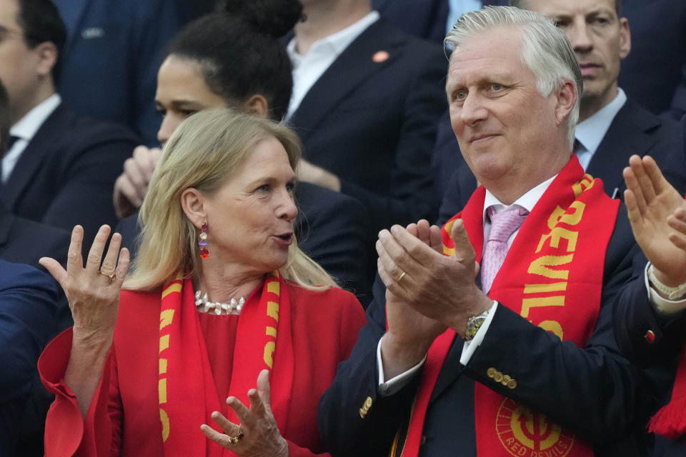 Belgium's King Philippe and Queen Mathilde arrive for a Group E match between Belgium and Romania at the Euro 2024 soccer tournament in Cologne, Germany, Saturday, June 22, 2024. (AP Photo/Martin Meissner)