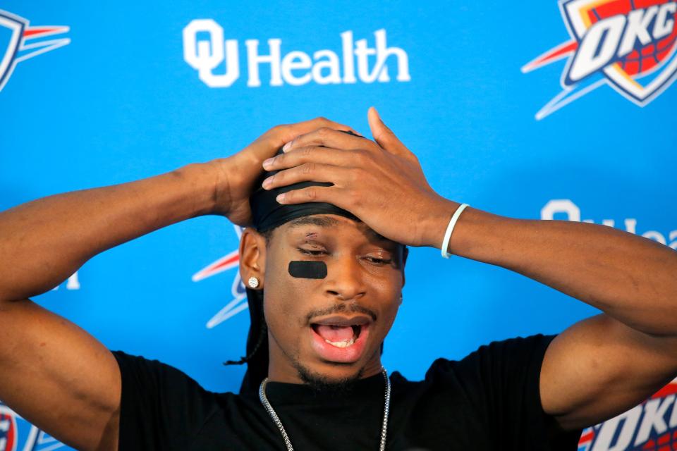 Thunder guard Shai Gilgeous-Alexander sports black bandage under his right eye Saturday after being elbowed in the face Friday night by Timberwolves center Rudy Gobert.