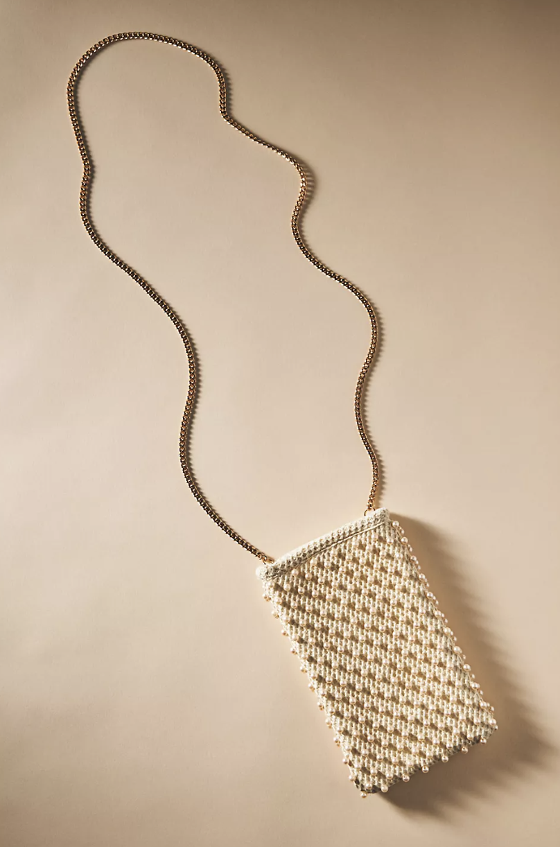 Pearl-Embellished Cellphone Crossbody Bag in white pearls (photo via Anthropologie)