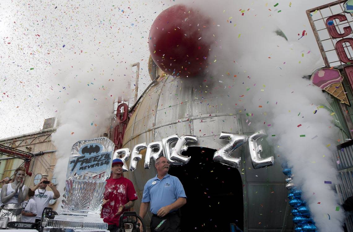 May 12, 2012: Vanilla Ice and park president Steve Martindale cut a block of ice to celebrate the opening of Mr. Freeze: Reverse Blast ride at Six Flags Over Texas