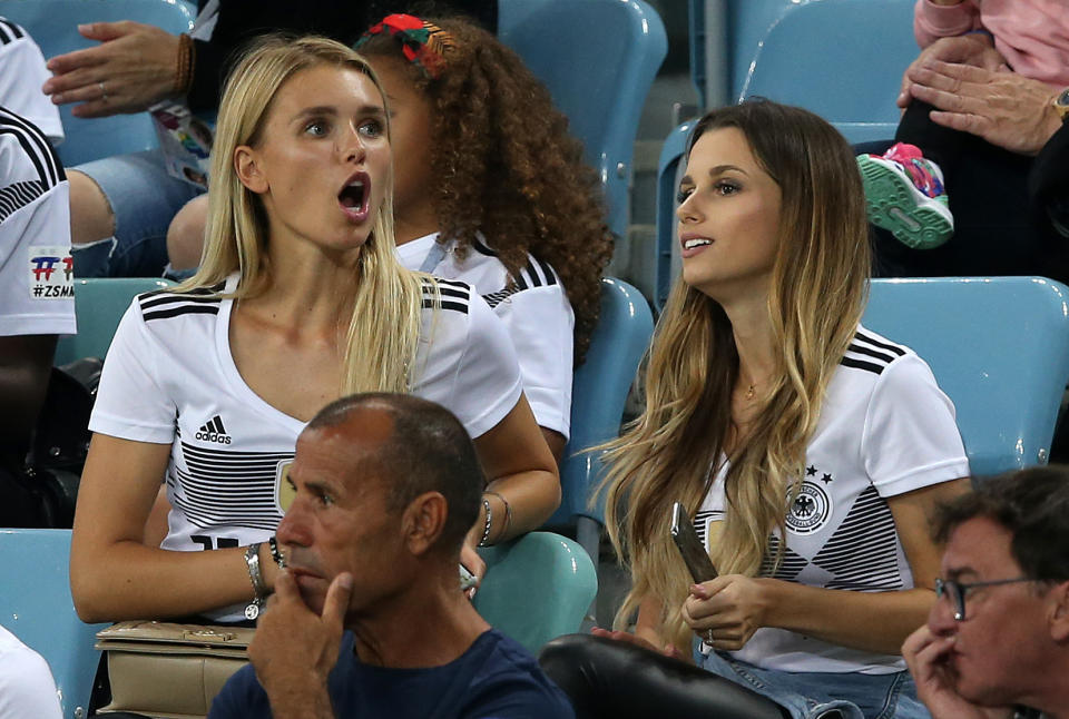 <p>Scarlett Gartmann Girlfriend of Marco Reus of Germany and Christina Raphaella wife of Matthias Ginter of Germany during the 2018 FIFA World Cup Russia group F match between Germany and Sweden at Fisht Stadium on June 23, 2018 in Sochi, Russia. (Photo by Stefan Matzke – sampics/Corbis via Getty Images) </p>