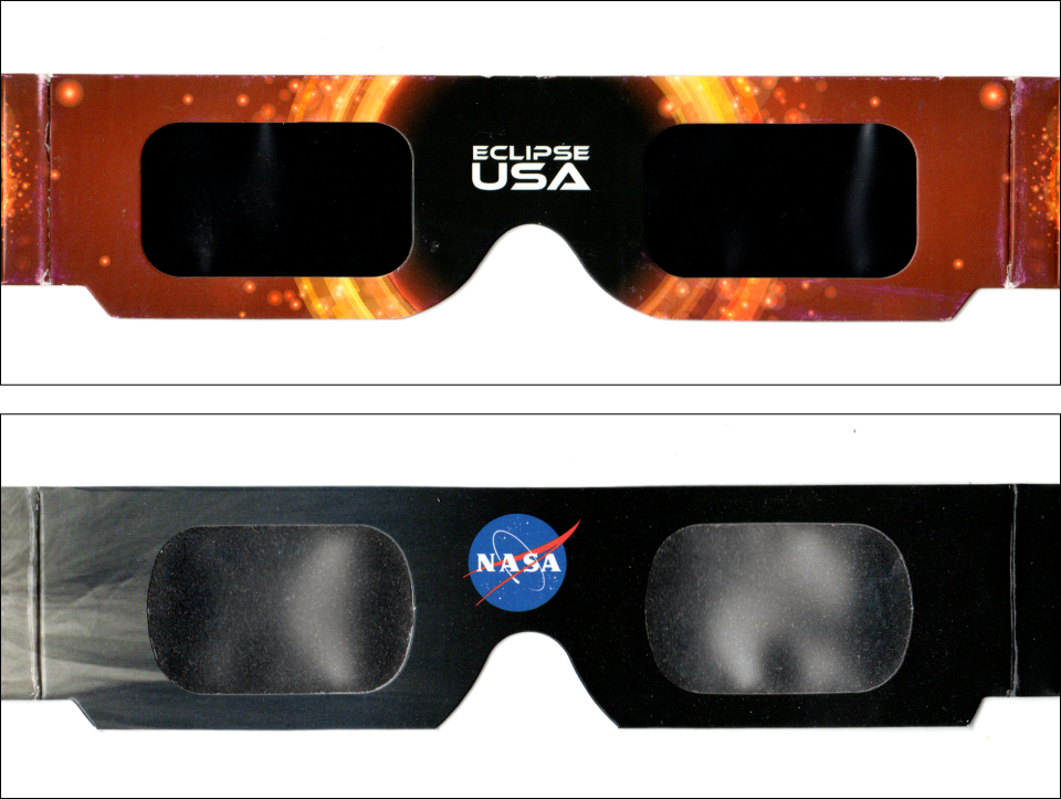 Counterfeit eclipse glasses from China mimic real ones, but are not rated to protect your eyes from the harmful effects of gazing at the sun. Lens on top top are black with straight left and right edges. The genuine APO glasses are reflective and have curved edges.