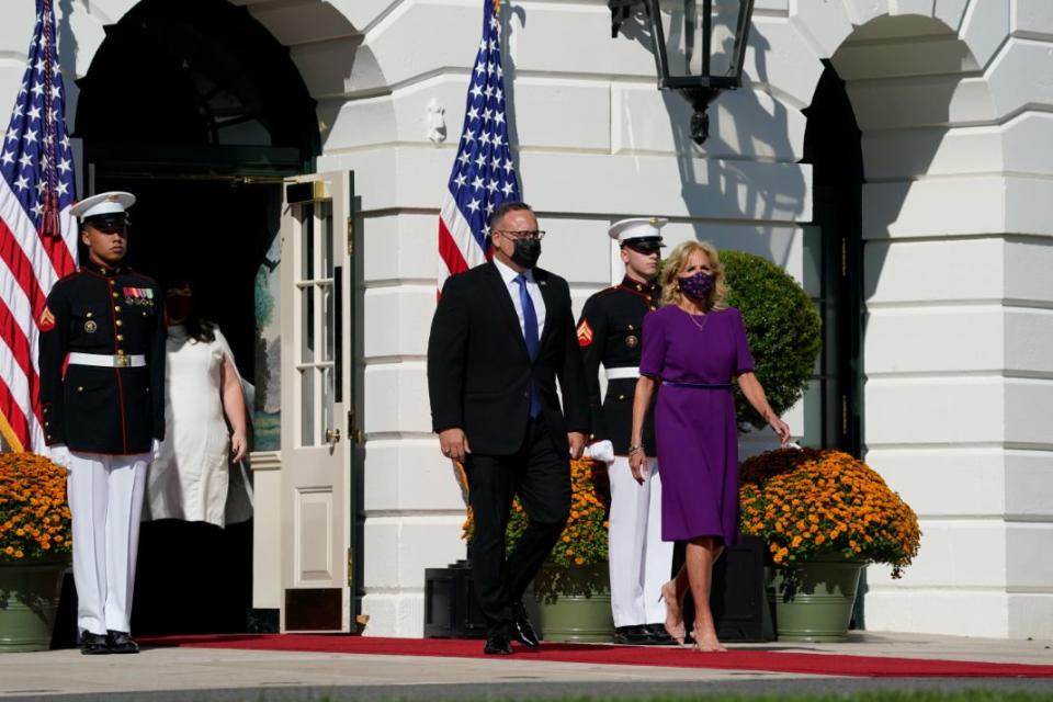 First lady Jill Biden walks from the White House with Education Secretary Miguel Cardona for an event to honor the 2021 State and National Teachers of the Year, on the South Lawn of the White House, Monday, Oct. 18, 2021, in Washington. - Credit: AP