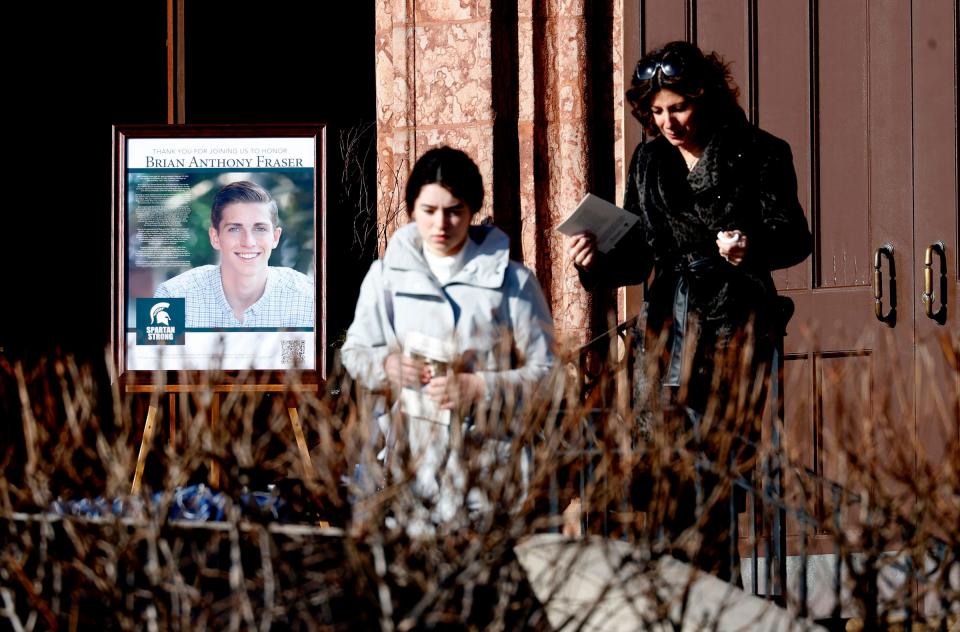 Mourners before the funeral service for Brian Fraser at St. Paul on the Lake Catholic Church In Grosse Pointe Farms on Saturday, Feb. 18, 2023. Fraser was one of three Michigan State University students shot and killed by a gunman on campus on Monday, Feb. 13, 2023.