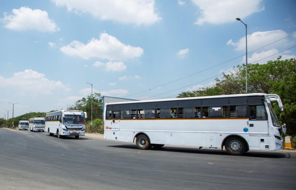 Foxconn buses carrying workers near the entrance of the factory in Sriperumbudur, Tamil Nadu, India. REUTERS