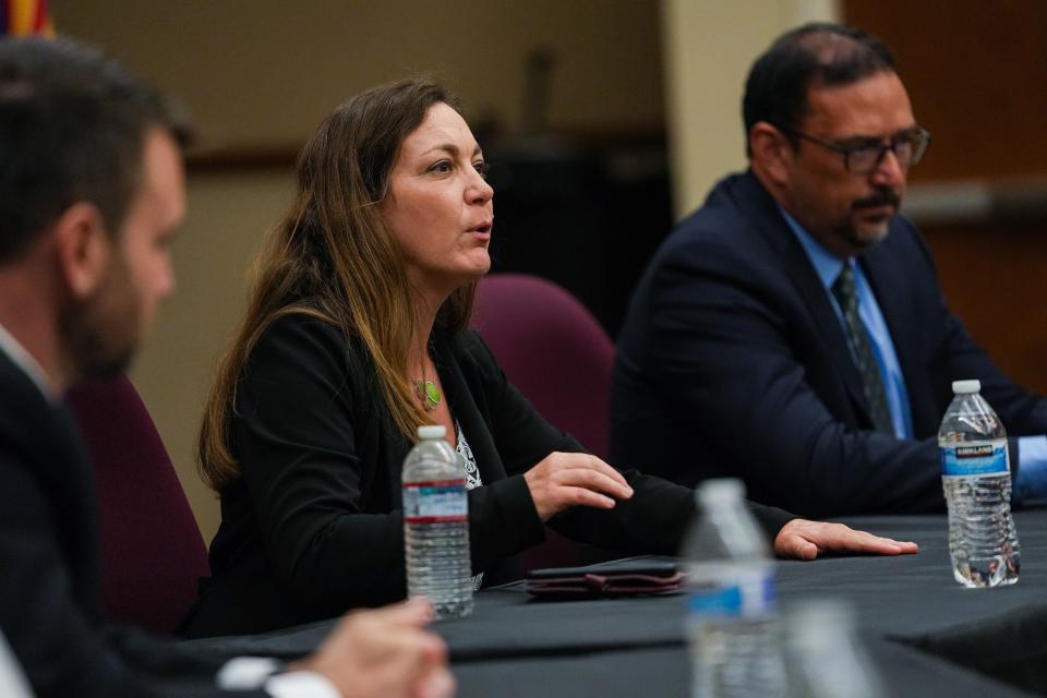 Tiffany Muller, president and executive director of End Citizens United, speaks during a roundtable discussion at the Carpenters Union Hall on Sept. 9, 2022, in Phoenix.