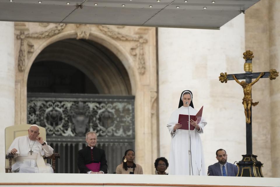 Pope Francis attends his weekly general audience in St. Peter's Square, at the Vatican, Wednesday, Oct. 25, 2023. (AP Photo/Gregorio Borgia)