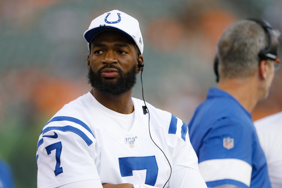 Indianapolis Colts quarterback Jacoby Brissett stands on the sidelines during the first half of the team's NFL preseason football game against the Cincinnati Bengals, Thursday, Aug. 29, 2019, in Cincinnati. (AP Photo/Gary Landers)