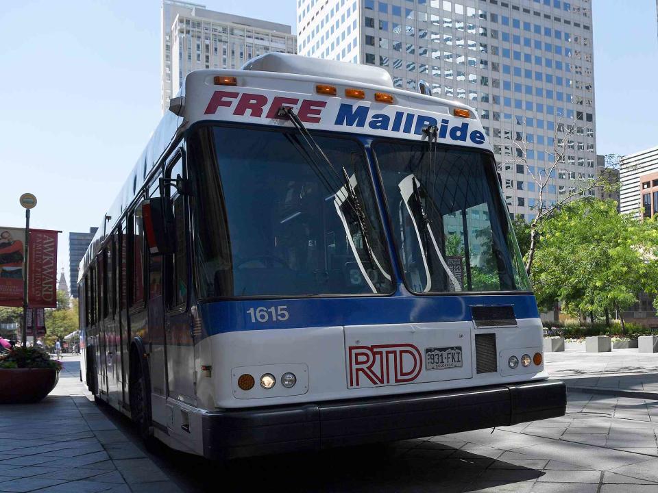 <p>Andy Cross/The Denver Post via Getty</p> A RTD bus in Denver, Colorado.