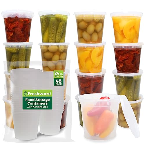 Freshware Food Storage Containers [48 Set] 24 oz Plastic Deli Containers with Lids, Slime, Soup, Meal Prep Containers, BPA Free, Stackable, Leakproof, Microwave/Dishwasher/Freezer Safe (AMAZON)