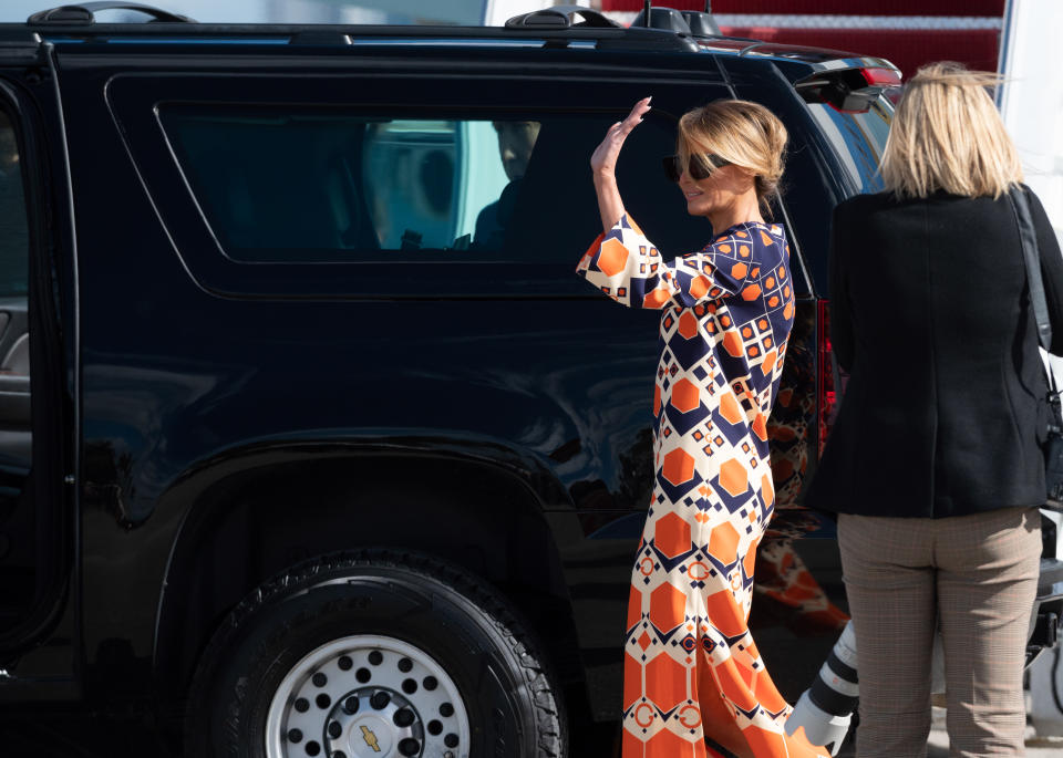 First Lady Melania Trump exits Air Force One at the Palm Beach International Airport on the way to the Mar-a-Lago resort on January 20, 2020 in West Palm Beach, Florida. Trump left Washington, DC on the last day of his administration before Joe Biden was sworn-in as the 46th president of the United States. 