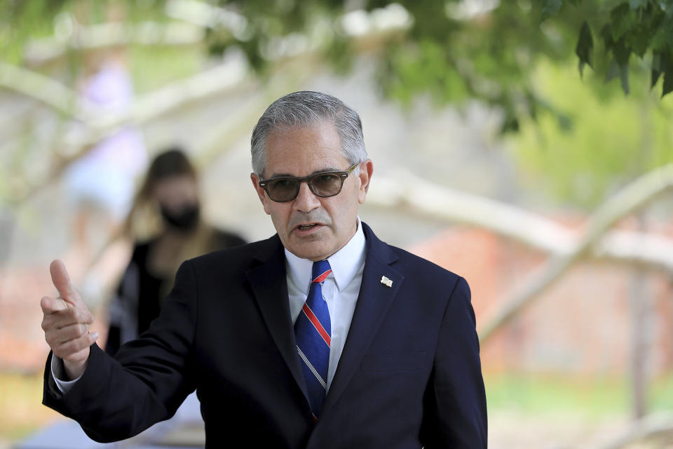 District attorney Larry Krasner talks to volunteers before they canvas around the Fairmount neighborhood in Philadelphia, on Sunday, May 16, 2021. Voters will cast ballots Tuesday, May 18 in the Democratic Primary for Philadelphia District Attorney that pits reform-minded incumbent Krasner against veteran homicide prosecutor Carlos Vega, likely deciding the future of the office in the overwhelmingly Democratic city. (David Maialetti/The Philadelphia Inquirer via AP)