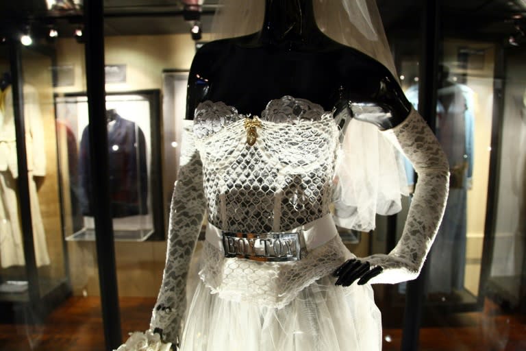 Madonna's wedding dress worn in the music video for "Like a Virgin" on display at Hard Rock Cafe's 40th anniversary Memorabilia Tour in New York City