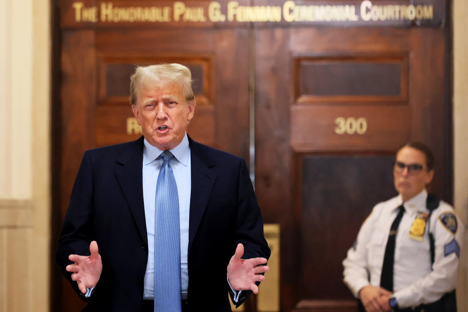 Former President Donald Trump speaks after returning from a break during his civil fraud trial at New York State Supreme Court on Oct. 18 in New York City.