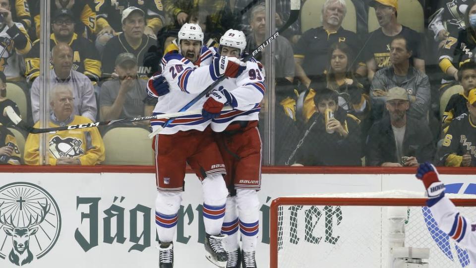 Chris Kreider and Mika Zibanejad celebrate go-ahead goal in Game 6 at Pittsburgh