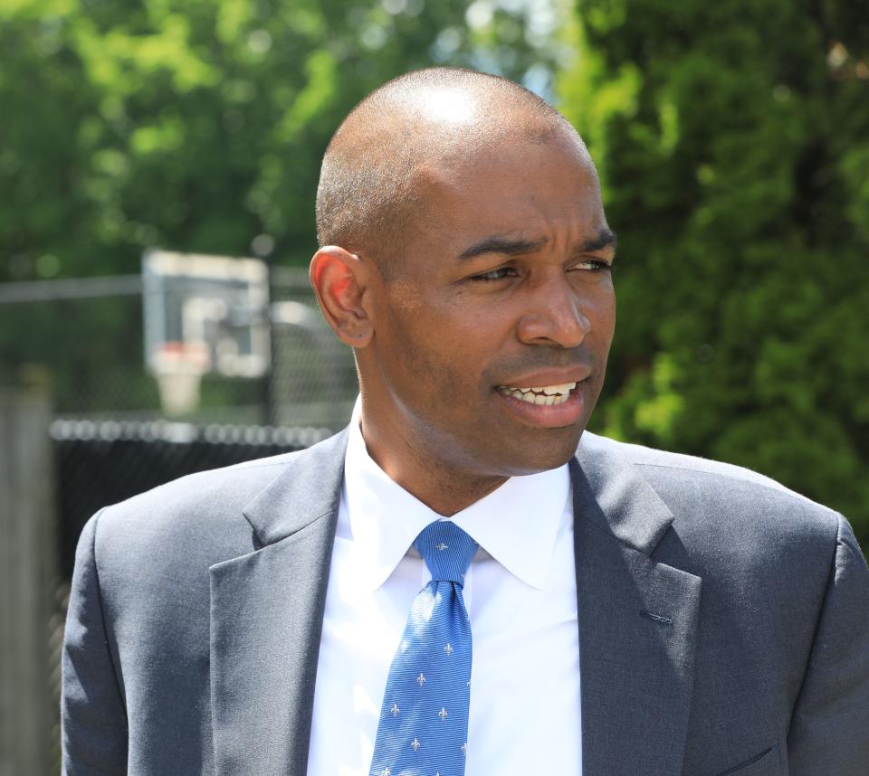 New York Lieutenant Governor Antonio Delgado talks about his meeting with City of Poughkeepsie community and religious leaders as he leaves Beulah Baptist Church about gun violence on June 3, 2022. 