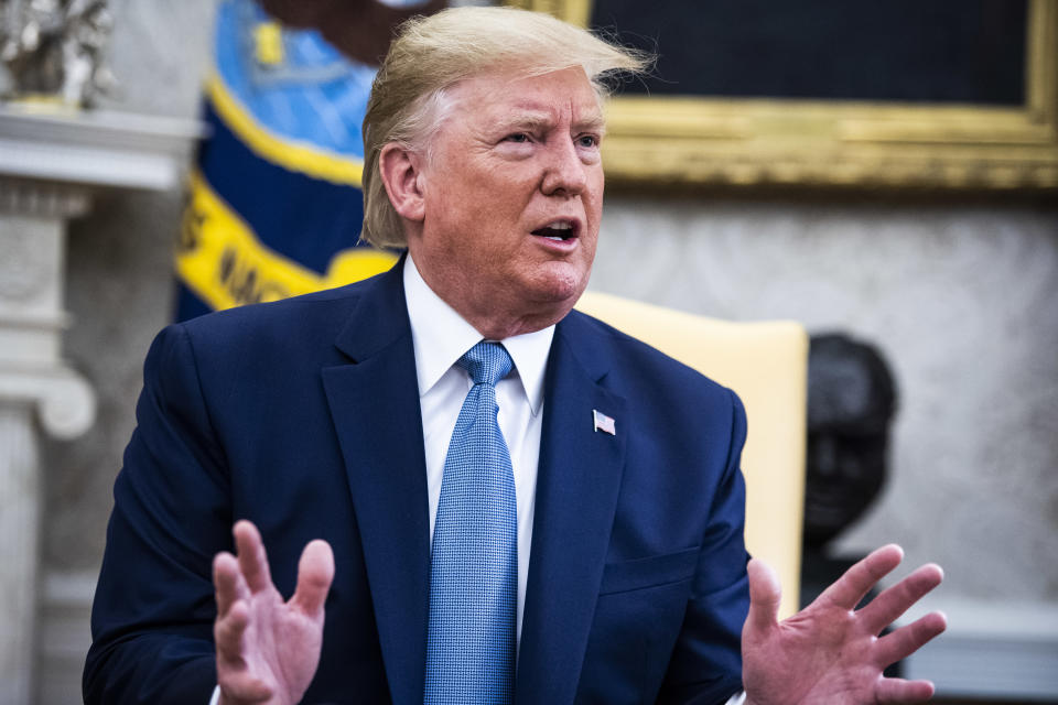 President Trump speaks to reporters inside the Oval Office at the White House on Monday. (Photo: Jabin Botsford/The Washington Post)