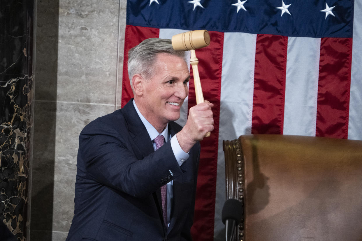 UNITED STATES - JANUARY 7: Speaker of the House Kevin McCarthy, R-Calif., takes the gavel after securing the speakership on the 15th ballot on Saturday, January 7, 2023. (Tom Williams/CQ-Roll Call, Inc via Getty Images)