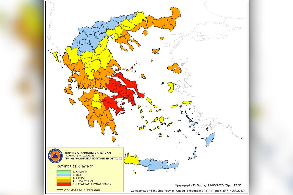 Map shows regions where there are extreme and very high fire risks today (Civil Protection Greece)