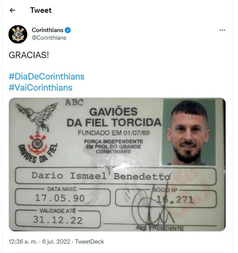 El tuit de Corinthians dedicado a Darío Benedetto, al que hizo "socio" de su hinchada, Gaviões