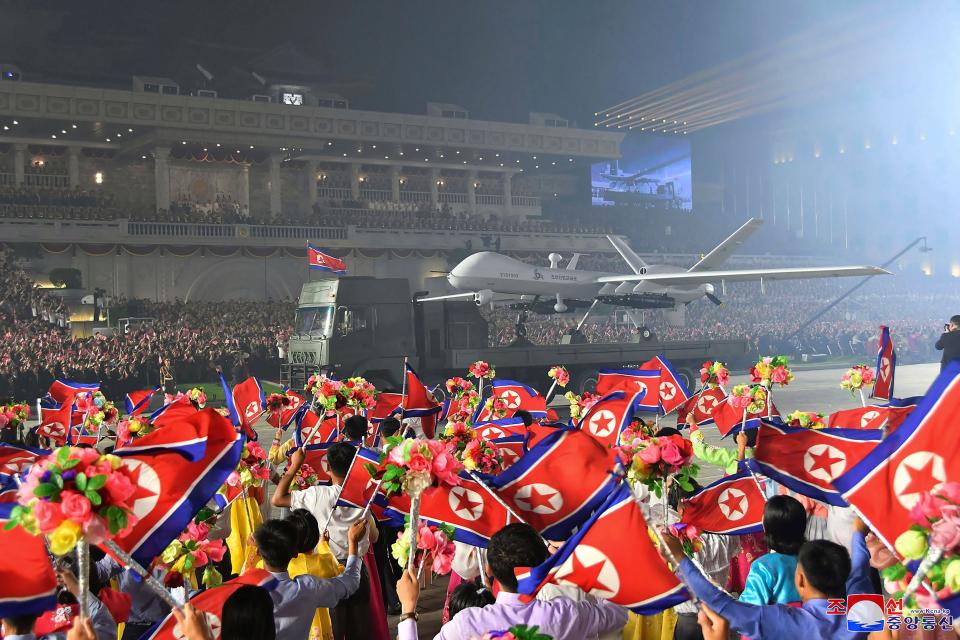 This photo provided by the North Korean government, shows what it says an attack drone during a military parade to mark the 70th anniversary of the armistice that halted fighting in the 1950-53 Korean War, on Kim Il Sung Square in Pyongyang, North Korea Thursday, July 27, 2023.