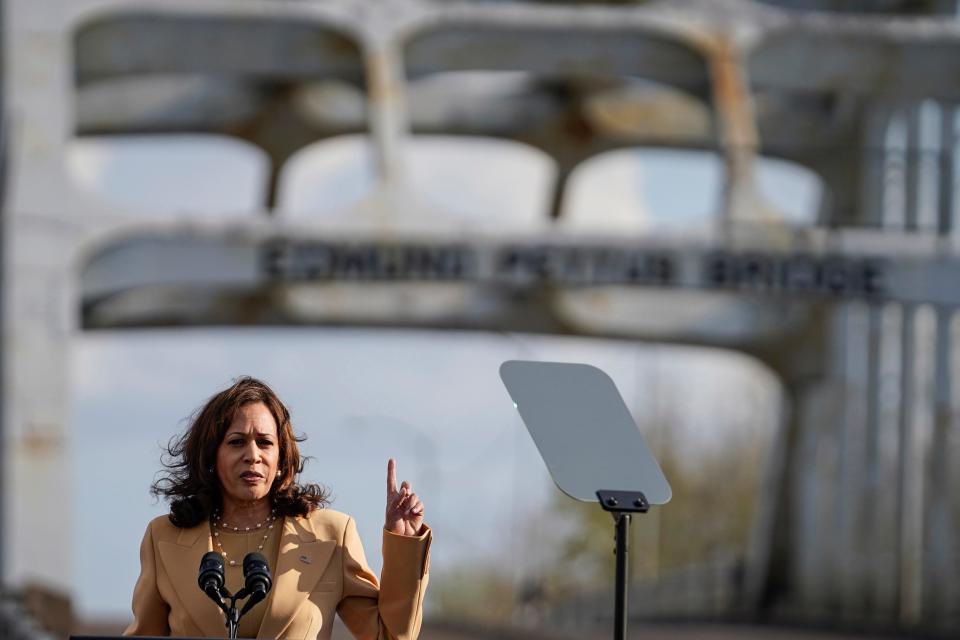 Vice President Kamala Harris speaks near the Edmund Pettus Bridge in Selma, Ala., on the anniversary of "Bloody Sunday," a landmark event of the civil rights movement, Sunday, March 6, 2022. (AP Photo/Brynn Anderson)