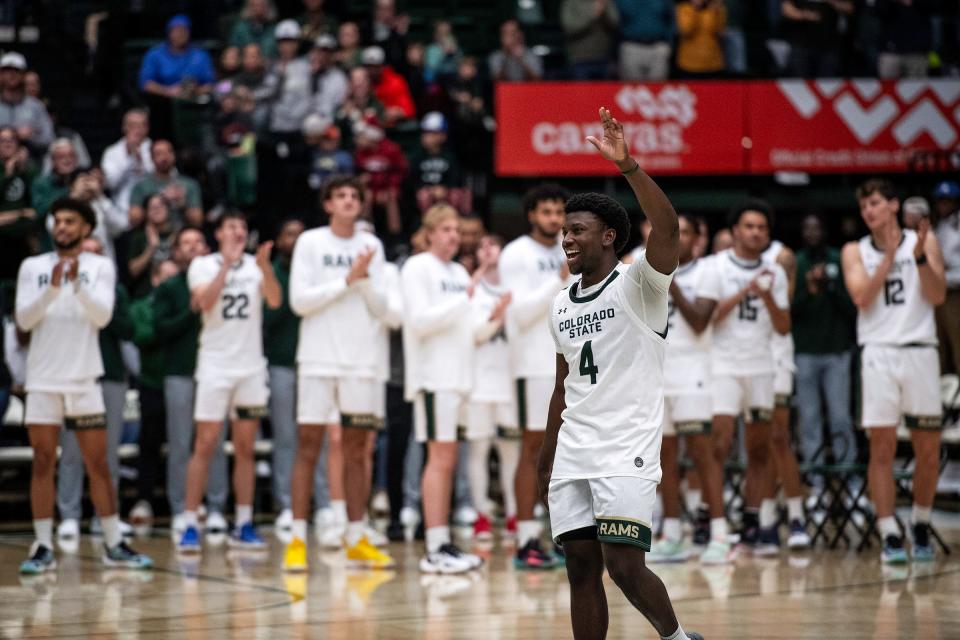 Colorado State's Isaiah Stevens is honored before a game against Adams State at Moby Arena in Fort Collins, Colo., on Friday, Dec. 29, 2023.