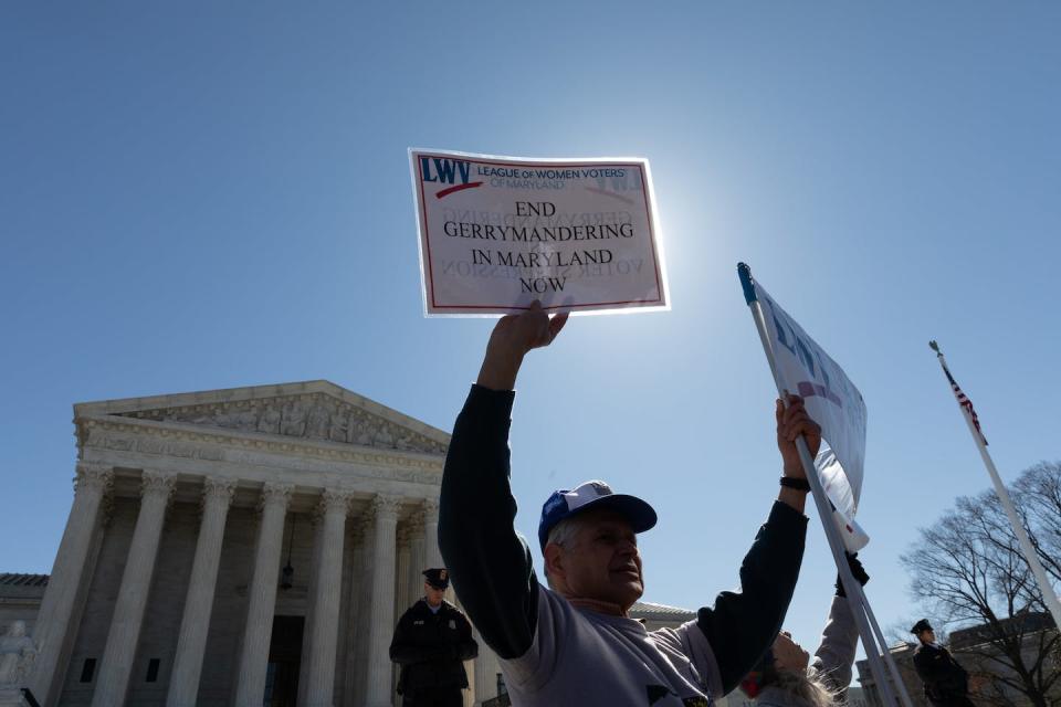 Protesters gather outside the Supreme Court in 2019 to argue that gerrymandering is manipulating elections. <a href="https://www.gettyimages.com/detail/news-photo/organizations-and-individuals-gathered-outside-the-supreme-news-photo/1133036023?adppopup=true" rel="nofollow noopener" target="_blank" data-ylk="slk:Aurora Samperio/NurPhoto via Getty Images;elm:context_link;itc:0;sec:content-canvas" class="link ">Aurora Samperio/NurPhoto via Getty Images</a>