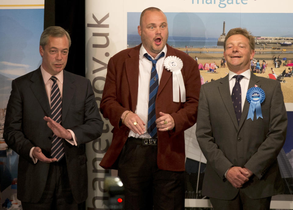 The Conservative Party's Craig Mackinlay, right, reacts after winning the count for the South Thanet seat beside, from left, Nigel Farage the leader of the UK Independence Party (UKIP), Al Murray a comedian who performs as 