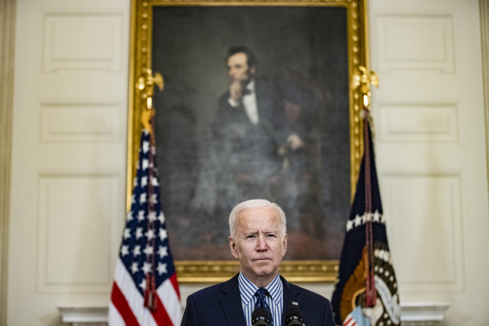 WASHINGTON, DC - MARCH 06: President Joe Biden speaks from the State Dining Room following the passage of the American Rescue Plan in the U.S. Senate at the White House on March 6, 2021 in Washington, DC. The Senate passed the latest COVID-19 relief bill by 50 to 49 on a party-line vote, after an all-night session. (Photo by Samuel Corum/Getty Images)