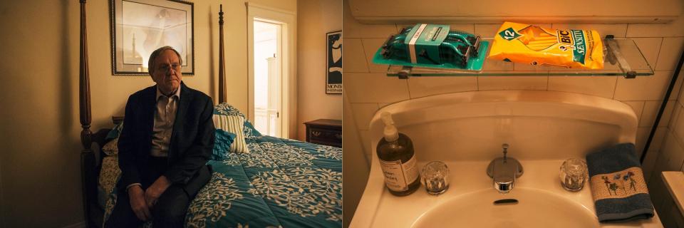 Gary Benjamin and Melody Hart agreed in January to act as Damus' sponsors. Left: Benjamin sits on the bed that is waiting for Damus. Right:&nbsp;Two kinds of razors meant for Damus rest on a shelf above the sink in Benjamin and Hart's home in Cleveland Heights, Ohio. (Photo: SEAN PROCTOR FOR HUFFPOST)