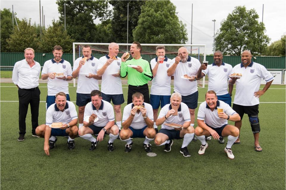 Goal, mouth: back row, from left, Harry Redknapp, Lee Sharpe, Steve Howey, Mark Wright, David Seaman, Chris Waddle, Neil Ruddock, Mark Chamberlain, John Barnes. Front row, Paul Merson, Robbie Fowler, Matt Le Tissier, Rob Lee, Ray Parlour (ITV / Fremantle Productions )