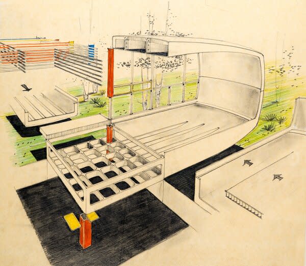 A sketch for the Monsanto House of the Future. The house featured four symmetric wings cantilevered off a central core.