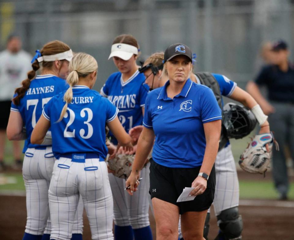 Centennial head coach Natalie Mullin walks back to the dugout after a mound visit during the UIL Conference 5A Region 1 final softball game at Aledo, Texas, Wednesday, May 22, 2024.