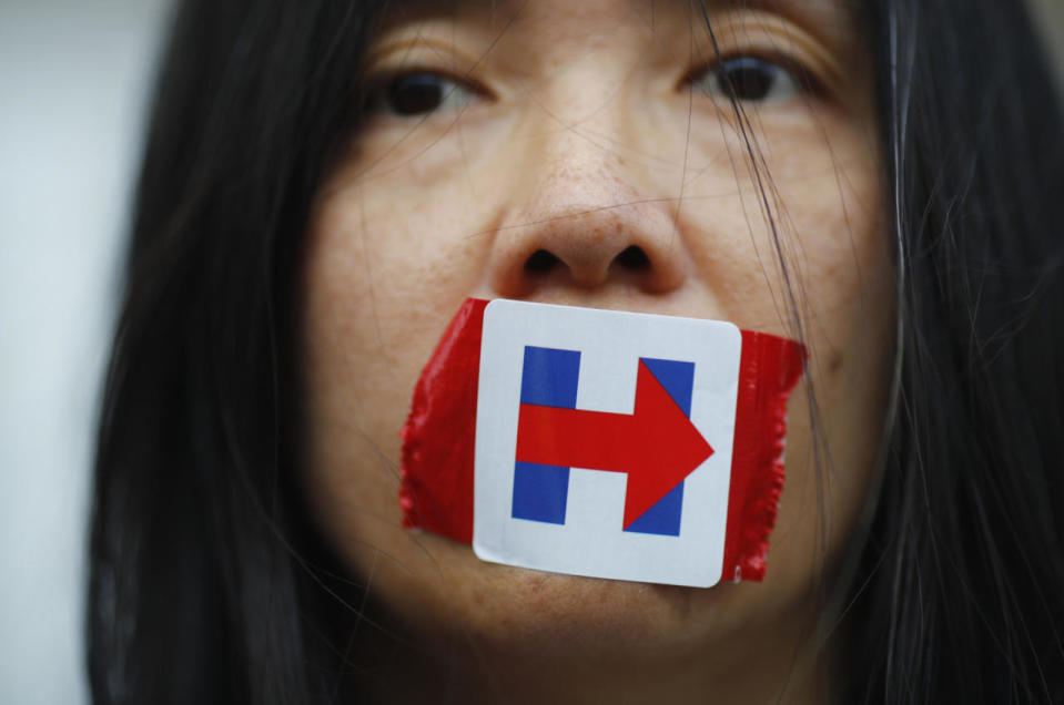 Demonstrators protest outside the DNC