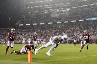 Indianapolis Colts wide receiver Michael Pittman Jr., foreground, runs toward the end zone on his touchdown reception during the second half of an NFL football game against the San Francisco 49ers in Santa Clara, Calif., Sunday, Oct. 24, 2021. (AP Photo/Tony Avelar)