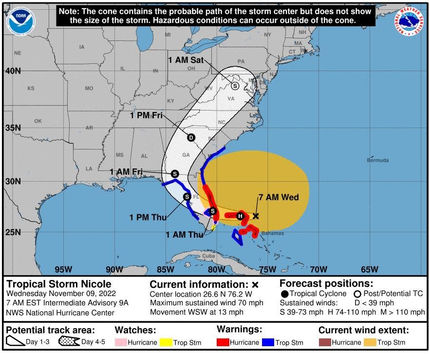 7 a.m. forecast map for Tropical Storm Nicole.