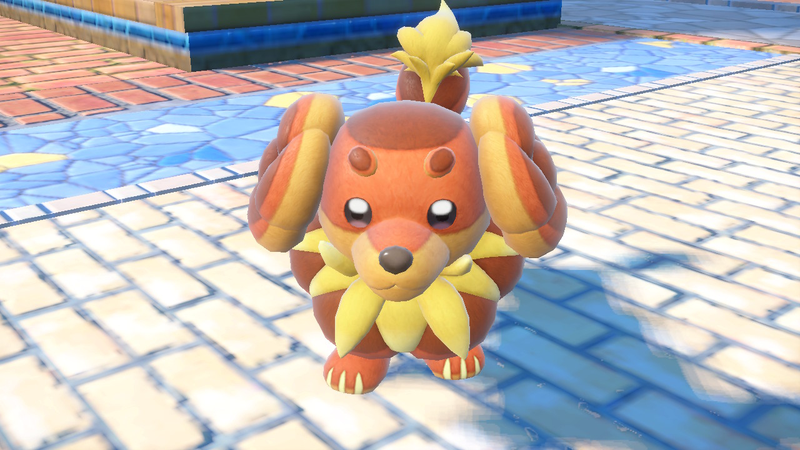 A Dachsbun is seen standing on a brick path in Pokemon Scarlet and Violet.