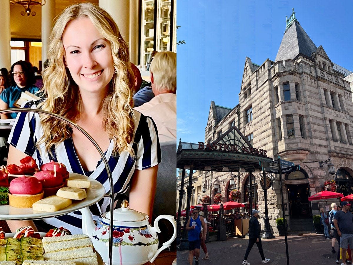 molly obrien at tea (left), bastion square in victoria (right)