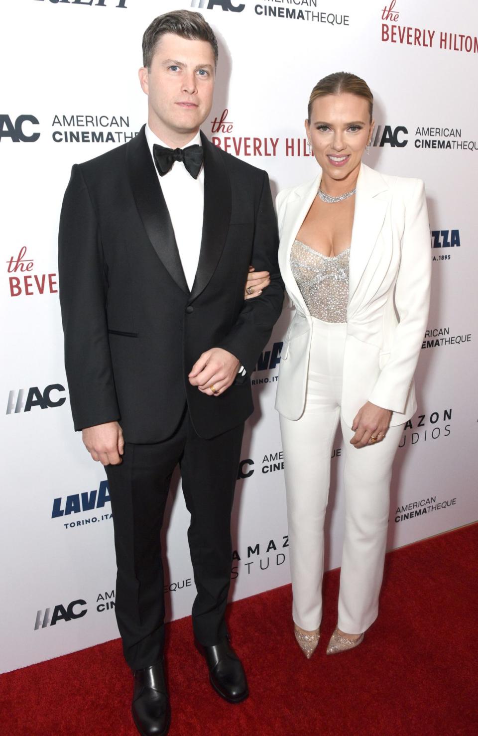 <p>After a two-year break, new parents Colin Jost and Scarlett Johansson were back on the red carpet in November 2021 as the actress was honored at the American Cinematheque Awards in L.A. </p>