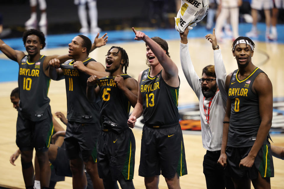 INDIANAPOLIS, INDIANA - APRIL 05:  (L-R) Adam Flagler #10, Mark Vital #11, Davion Mitchell #45, Jackson Moffatt #13 and Flo Thamba #0 of the Baylor Bears celebrate their win against the Gonzaga Bulldogs in the National Championship game of the 2021 NCAA Men's Basketball Tournament at Lucas Oil Stadium on April 05, 2021 in Indianapolis, Indiana. (Photo by Trevor Brown Jr/NCAA Photos via Getty Images)