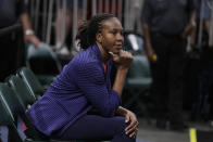 Tamika Catchings watches as the Indiana Fever play the Minnesota Lynx during the first half of a WNBA basketball game Tuesday, June 25, 2019, in Indianapolis. “I never thought I’d have my own tea shop or be an entrepreneur,” said Catchings, the Fever’s vice president of basketball operations. “It’s like its own little community, like our own oasis in the middle of Indianapolis and your worries are left outside. I love what I’ve been able to create here.” (AP Photo/Darron Cummings)