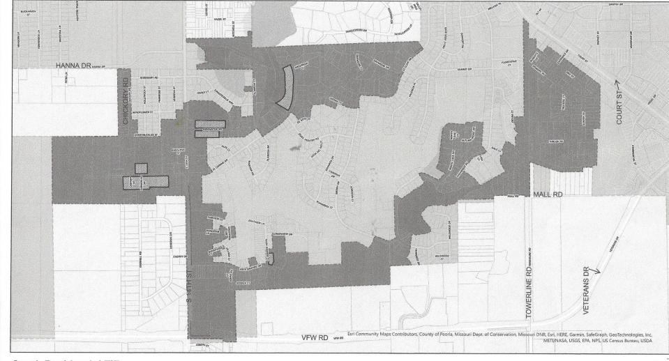 The boundaries of Pekin's new South Residential TIF District are defined in dark gray.